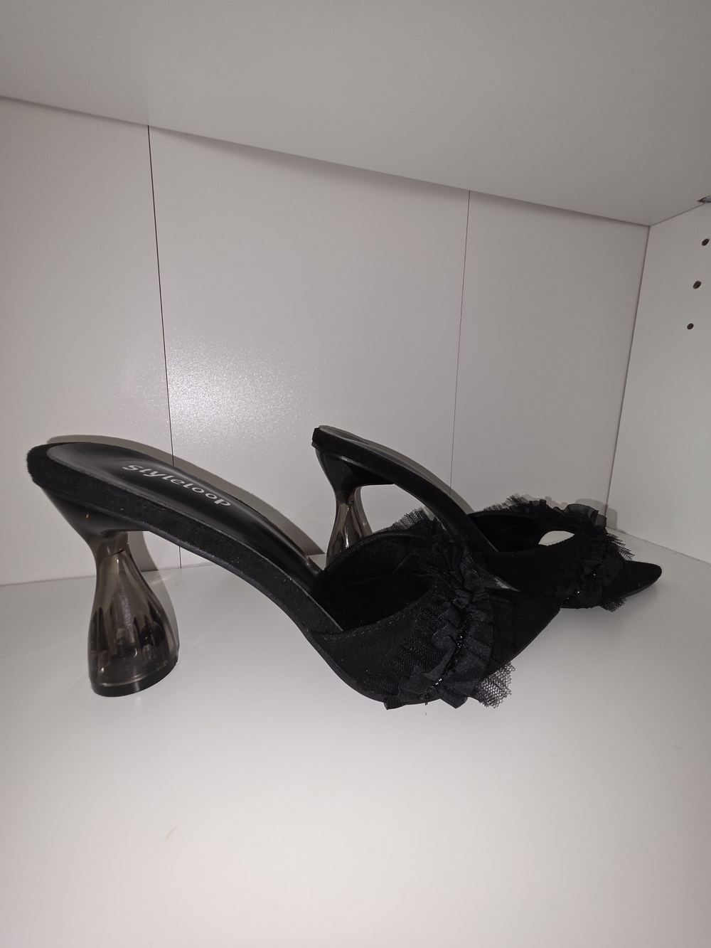 Black Pointed Toe Ruffle Slide Heels - Picture 4 of 4
